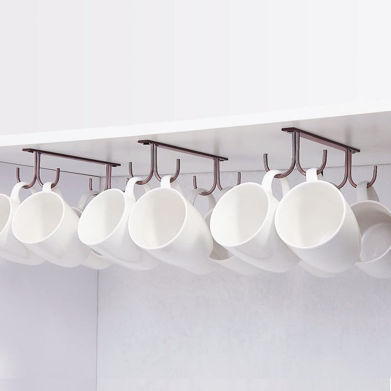 FOMANSH Mug Rack Under Cabinet - Coffee Cup Holder, 12 Mugs Hooks Under Shelf, Display Hanging Cups Drying Hook for Bar Kitchen Utensils Brown - Image 1